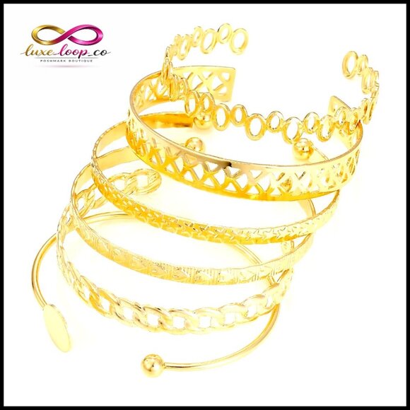 Jewelry - Adjustable 14k Gold Plated Bangle Bracelet Set, Multi-Layer Stackable Cuff